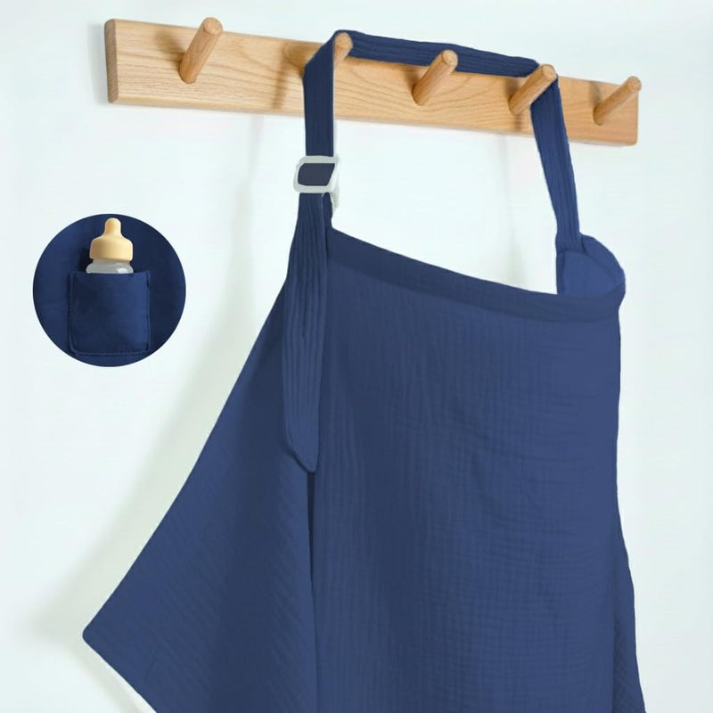 MUGVELL Muslin Nursing Covers for Breastfeeding, Arch Neckline Breast Feeding Covers for Women, Moms Privacy Breathable Summer Nursing Apron, 43.3" x 25.6" Soft Feeding Cover (Navy Blue) - Image 1